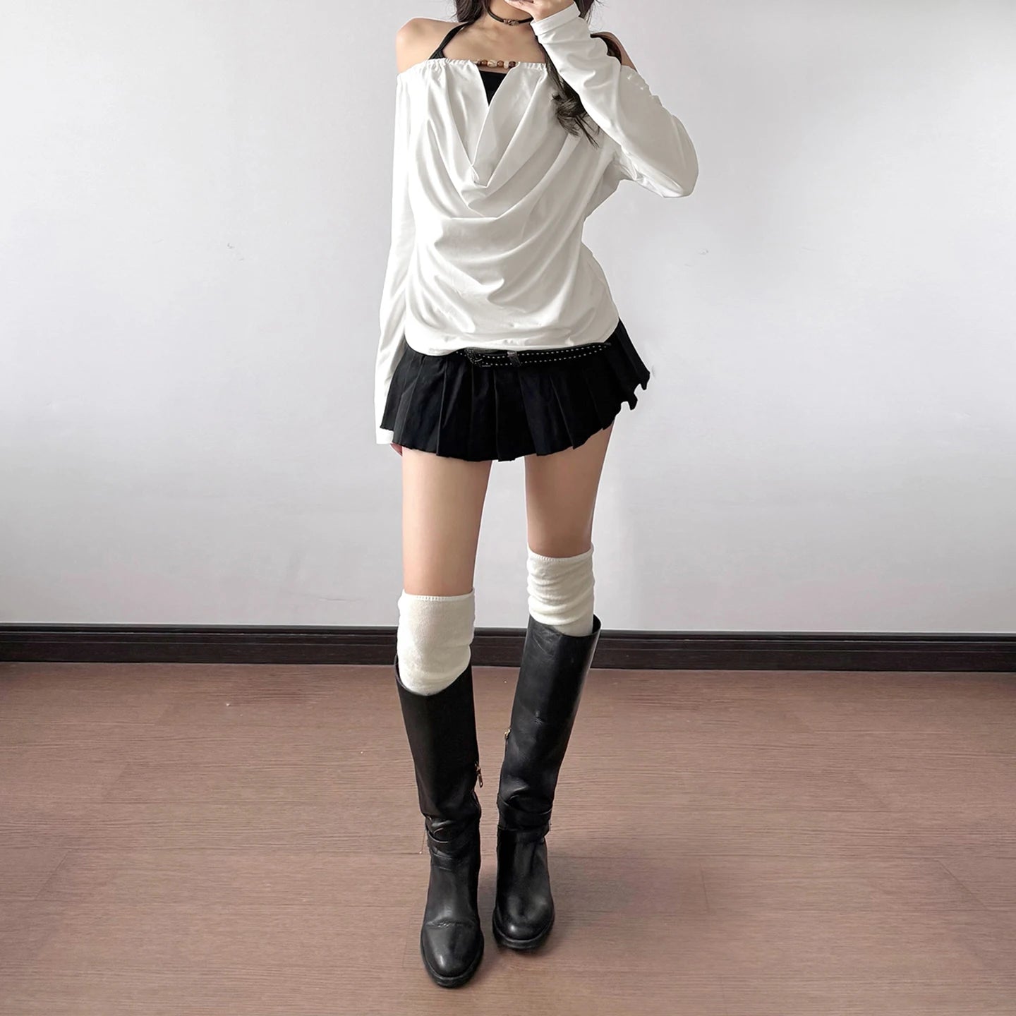 2025 Autumn Winter Women Korean Fake Two Pieces Slash Neck Top 2000s Long Sleeve T-Shirt Kpop Tees Y2k Design Coquette Gyaru New.