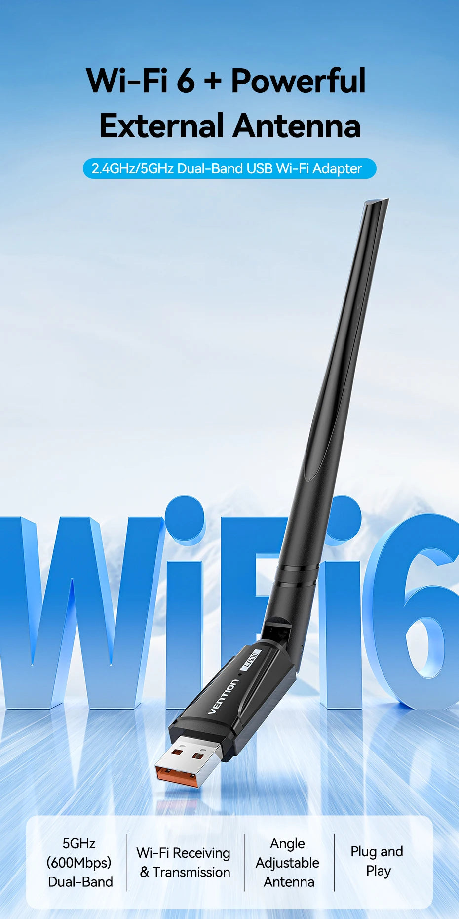 Vention New USB WiFi 6 Adapter 5G/2.4G 600Mbps Wireless WiFi Receiver Antenna Network Card Dongle LAN for Laptop PC Win 10/11.