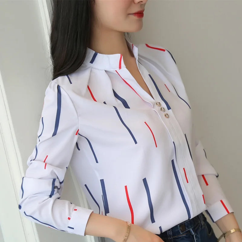 Stripe Women Blouse Fashion Standing Collar Women's Shirt Long Sleeved Shirts and Blouses Printing Ladies Tops Basic Womens Tops.