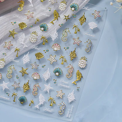 Ocean Theme 5D Nail Sticker Summer Beach Seashells Starfish Conch Scallop Shell Coral Self Adhesive Decoration Manicure Decal.