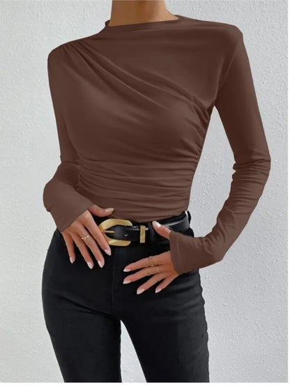 Fashion Solid Color Slim Fit T Shirt Women Trendy All-match Folds Long Sleeve T Shirts Ladies Tops Streetwear 2024 Spring New.