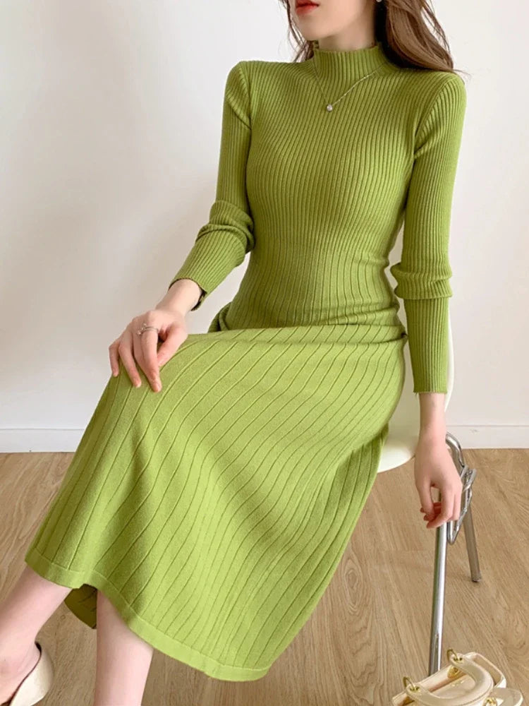 Herbst Winter schlankes Langarm Party Midi Kleid für Frauen gestrickt halbhohen Kragen elegante Strick pullover Kleider Damen.