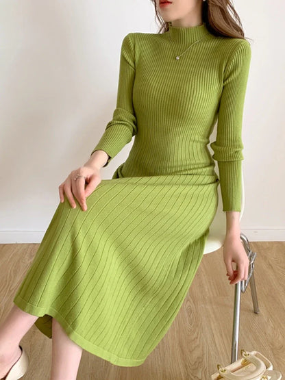 Herbst Winter schlankes Langarm Party Midi Kleid für Frauen gestrickt halbhohen Kragen elegante Strick pullover Kleider Damen.