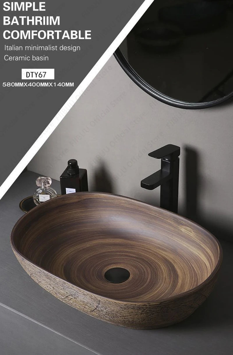 Braunes Keramikgefäß, Waschbecken, Waschtisch, Schüssel, ovaler Badezimmertisch, Waschbecken, Toilette, Balkon, Kunstbecken, über der Theke, Sockelwaschbecken