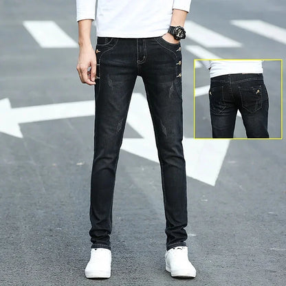 Slim Fit Men's Jeans Casual Elastic Korean Style Autumn Grey Trendy Long Pants Versatile Slim Legged Casual Trousers