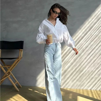 Women's Lantern Sleeve Oversized Blouse 2025 New Casual Loose Streetwear Black White Shirt Woman Vintage All-Match Basic Blusas.