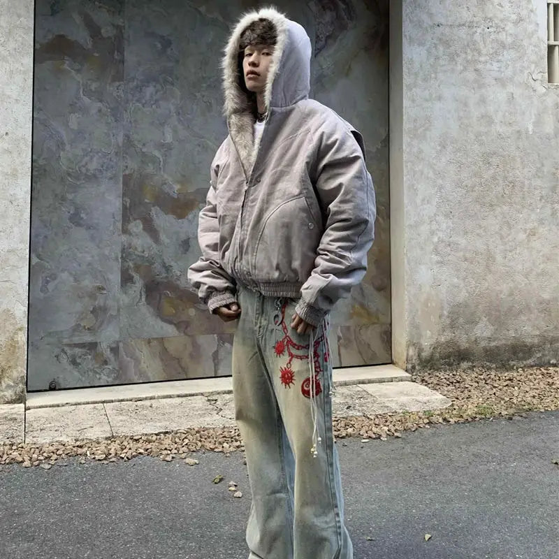 American Retro Woolen Collar Hooded Cotton Jacket Winter Thick Plush Top Men Street Hip-Hop Gothic Harajuku Oversize Jacket Coat.