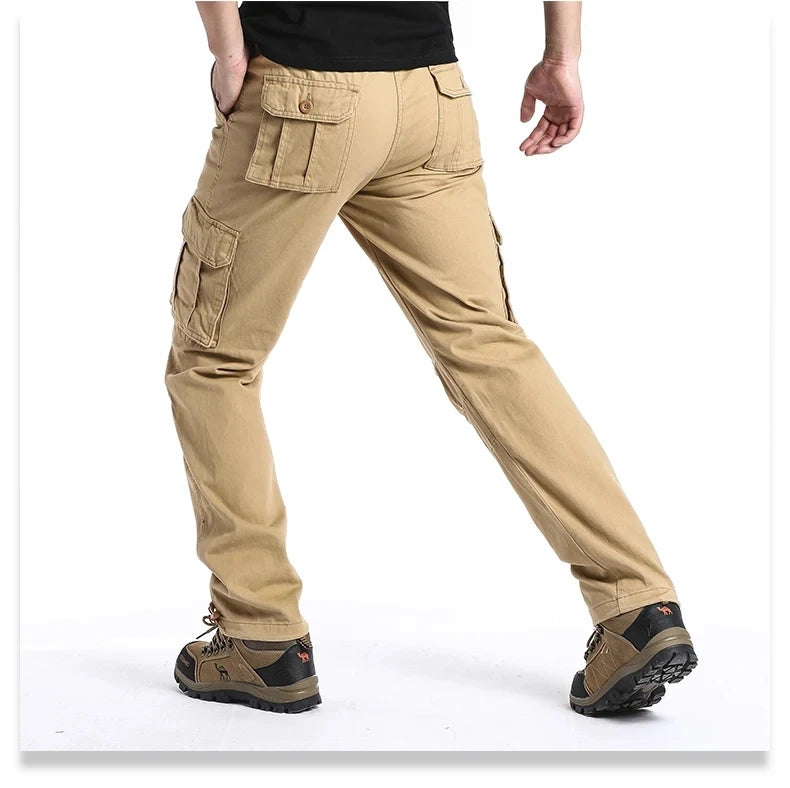 Solid Cotton Multi Flap Pockets Men's Straight Leg Cargo Pants, Loose Casual Outdoor Pants, Men's Work Pants Outdoors Streetwear.