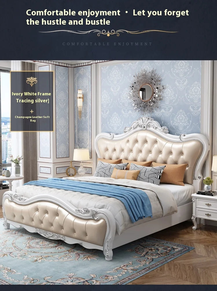 Europäisches Luxus-Doppelbett, modernes weißes King-Size-Doppelbett mit ästhetischem Rahmen, hochwertiges, schlafendes, beleuchtetes Deux-Tischmöbel für Schlafzimmer