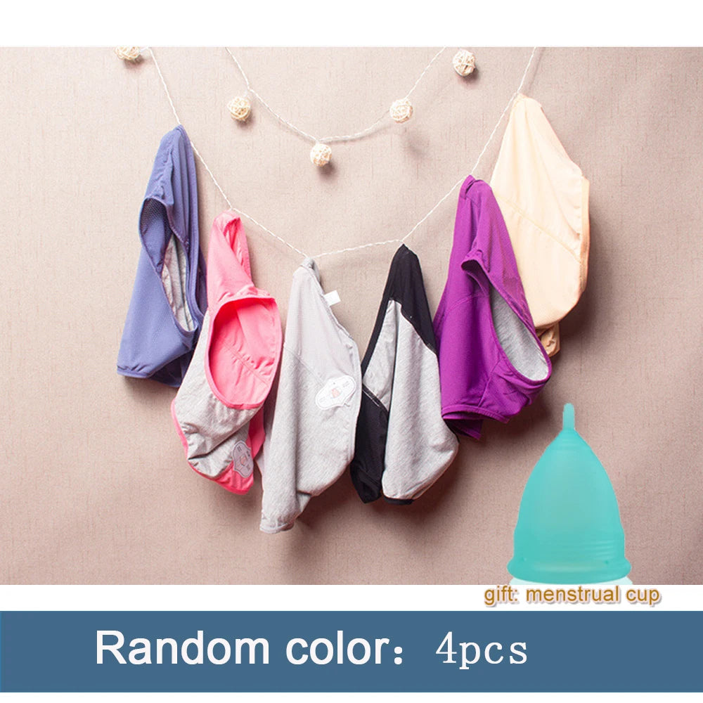 4pcs Women Menstrual Panties+gift Menstrual Cup Female Period Leak Proof Underwear Plus Size Maternal Physiological Briefs