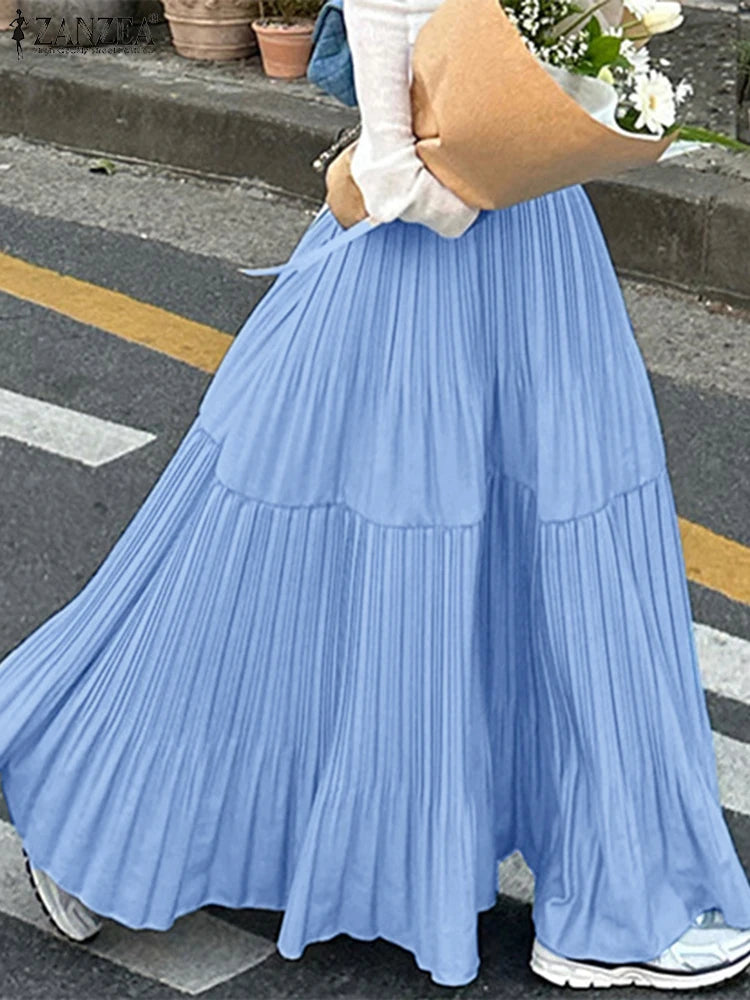 2025 ZANZEA Oversized Summer Maxi Skirts Women Elastic Waist Pleated Long Skirt Casual Solid Color High Waist Ruffled Skirts.