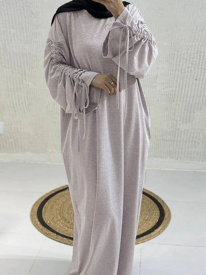 Muslim Women Arabic Dubai Abaya Drawstring sleeves Long Dress Modest Ramadan Kaftan Robe Femme musulmane Islam Clothing Kebaya.