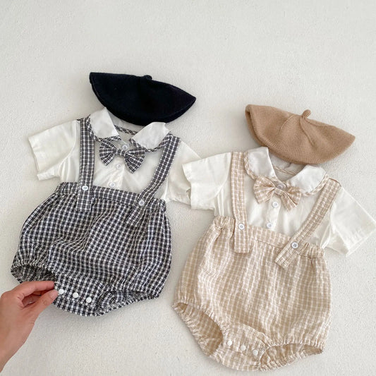 Bodys Sommer Baby und Kinder einteilige Kleidung Puppen hals kurz ärmel ige karierte elastische Bund Dreieck einteiligen Stram pler