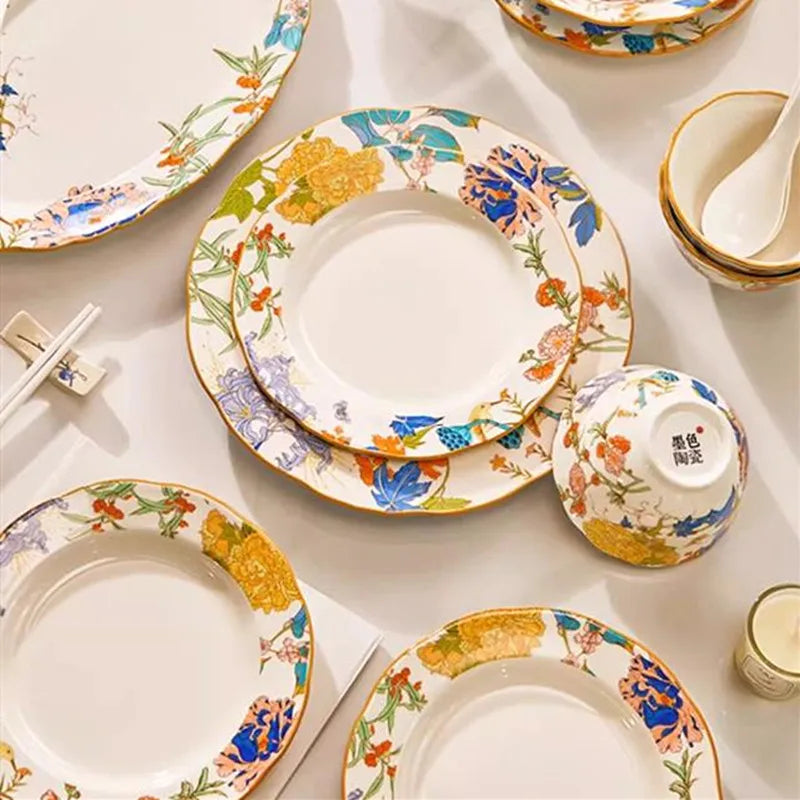 1PC Chinese-style Ceramic Plates New Flower-patterned Dinner Plates Ceramic Fruit Salad Plates Exquisite Kitchen Accessories.