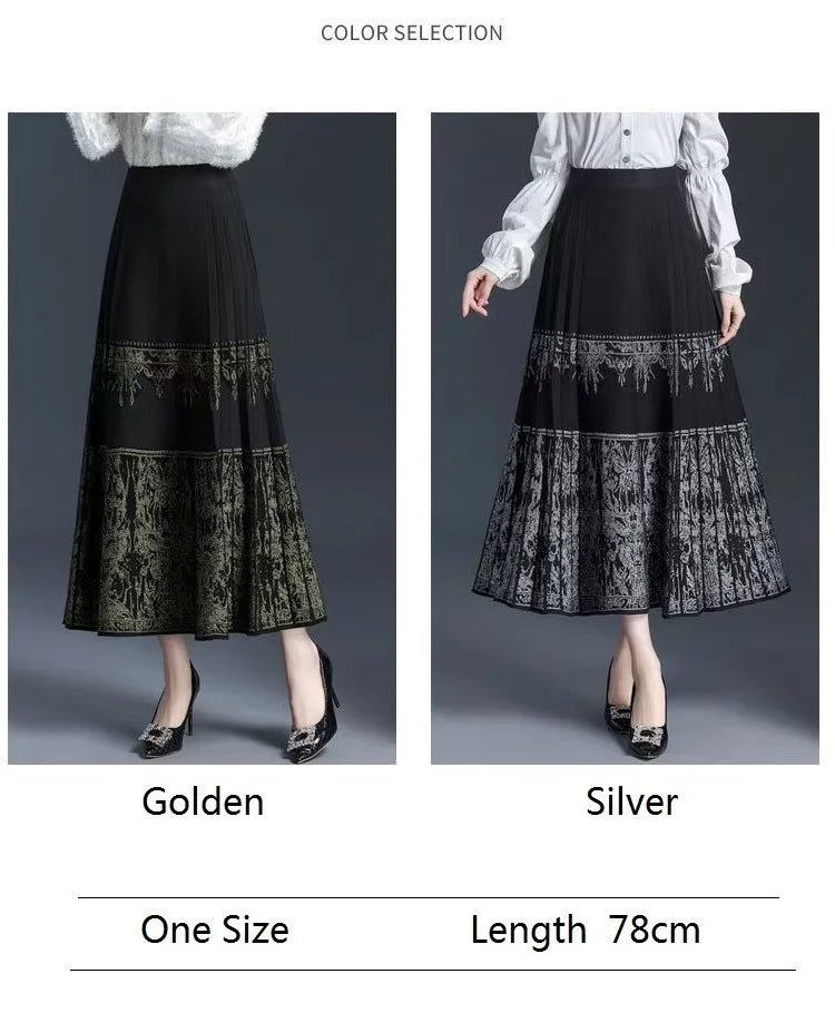 FairyShely Pleated Knitted Skirt For Women 2025 Autumn Winter Warm High Waist Long Skirts Ladies Plus Size Black A-line Skirt.