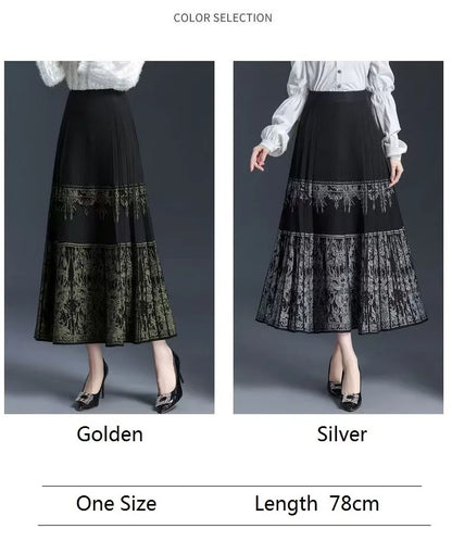 FairyShely Pleated Knitted Skirt For Women 2025 Autumn Winter Warm High Waist Long Skirts Ladies Plus Size Black A-line Skirt.