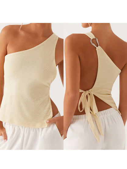 Off One Shoulder Tank Tops for Women Solid Stylish Side Tie Design Summer T-Shirt.