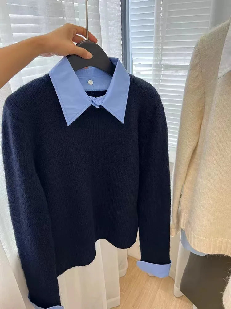 Gefälschte Zwei Shirts Kragen Pullover frauen Herbst Outfit Neue Lazy Linterior Kontrast Farbe Grau Stricken Pullover Top Mit Flip kragen