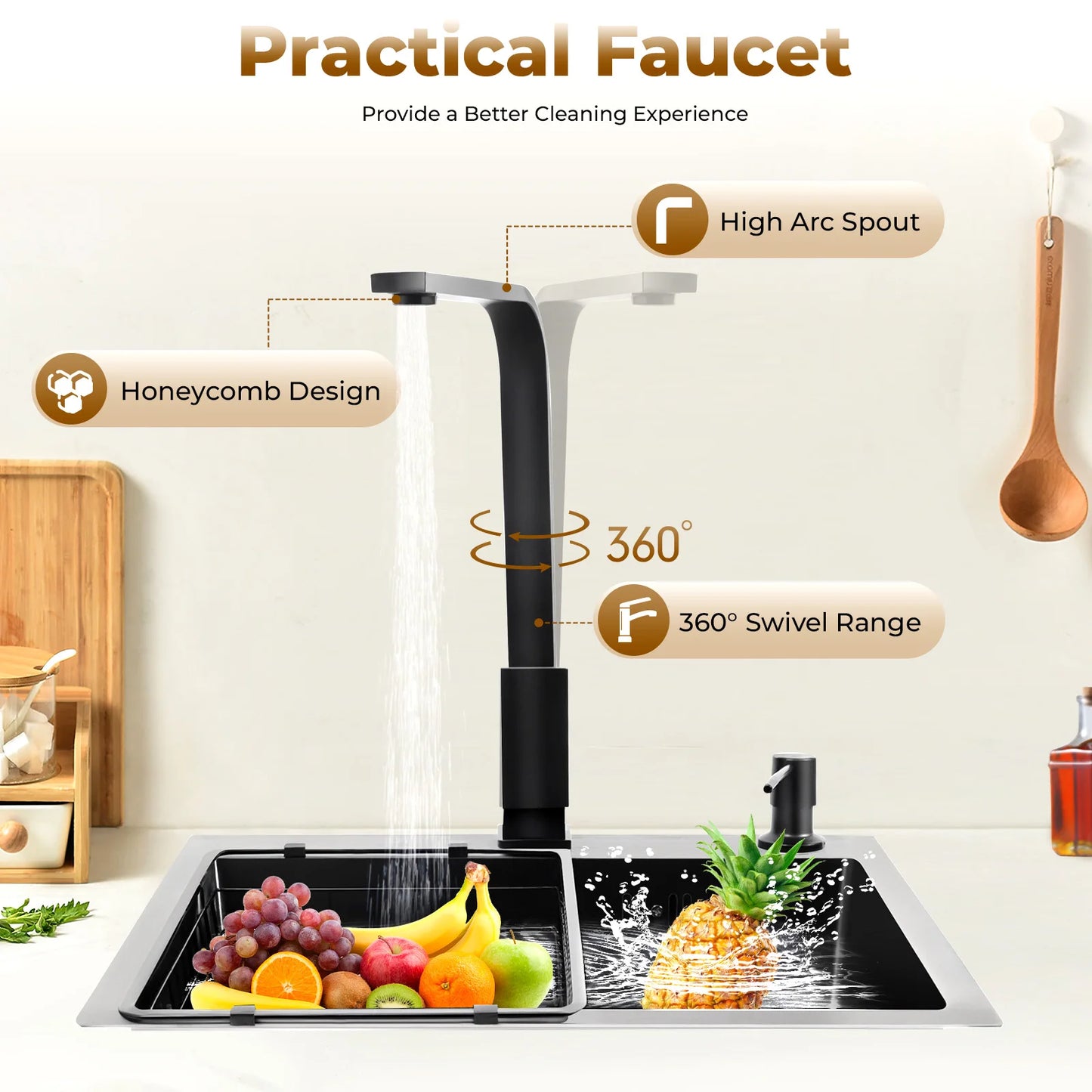 Einbauwaschbecken, Küchenspüle, Edelstahlspüle, mit Abfallset mit 360 °   Drehbarer Wasserhahn, Seifenspender und Abfallset