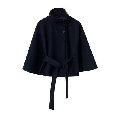 Damenmantel, kurze Cape-Mäntel für Damen, Gürtel, Mäntel aus Kunstwolle und Mischungen, Herbst-Winter, feste Mäntel, elegante Umhangjacke für Damen