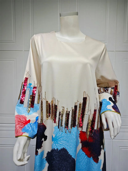 Siskakia Arab Saudi Printing Sequins Long Dresses Galabia Muslim Eid Women Abayas Islam Clothing Turkish African Kebaya 2024 New