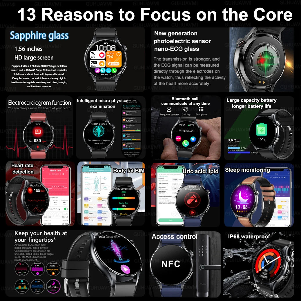 2025 New ECG+PPG Health Diagnosis Smartwatches Men Women Clock Uric Acid Lipid BP Heart rate Tracker NFC Sports Smart Watch IOS.