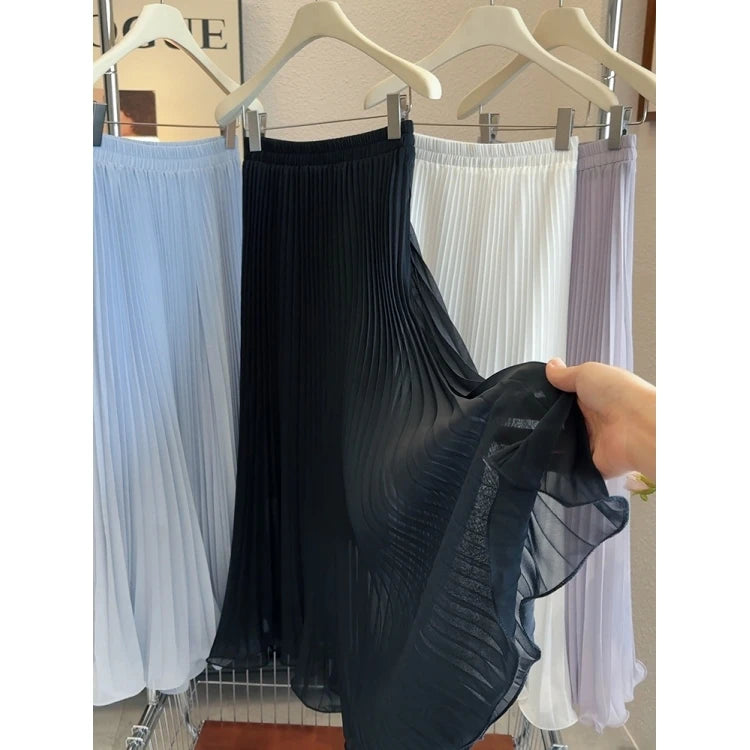 Women's Summer Elegant Pleated Elastic Waist Chiffon Long Skirt Lady High Waist A Line Streetwear Solid Color Skirt
