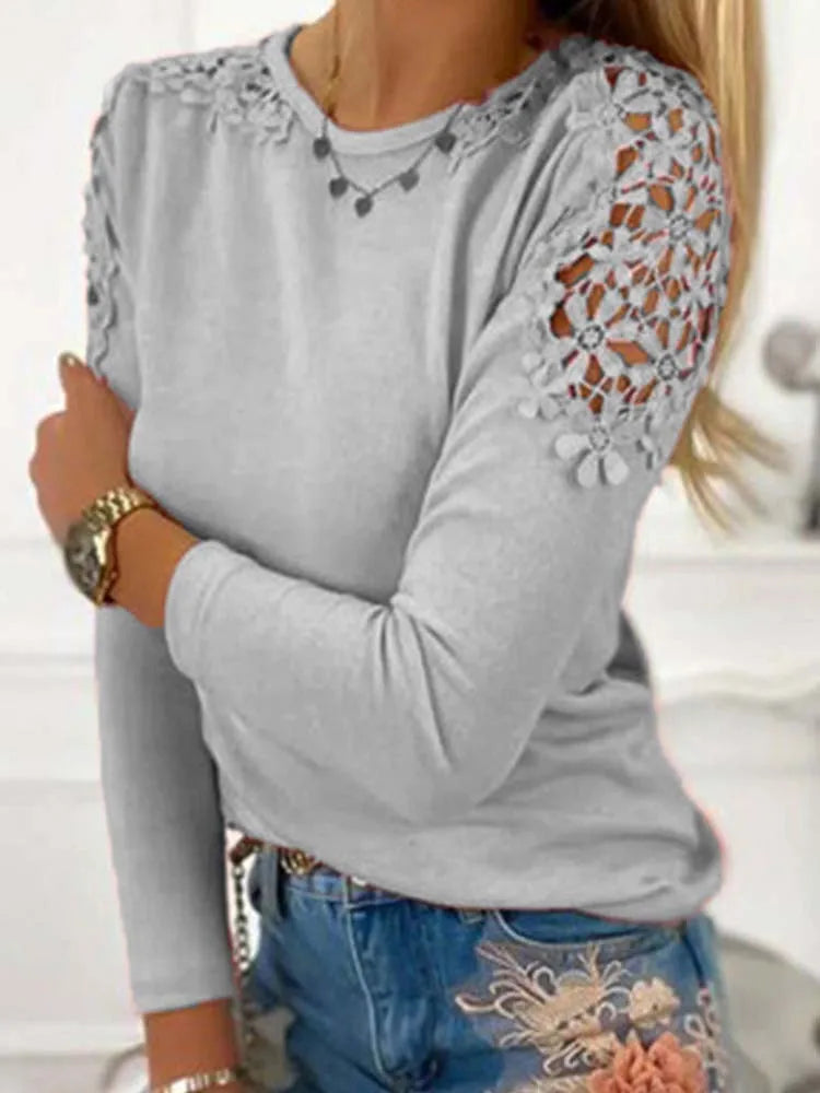 Women Autumn Solid T Shirt Lace O Neck Long Sleeve Female Casual Loose Plus Size Blouse Tops 3Xl.