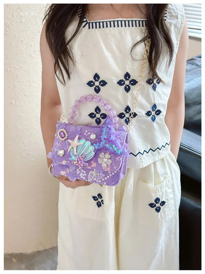 Lovely Sequin Girls Square Shoulder Bag Fish Tail Starfish Princess Crossbody Bags Bead Handle Children's Small Handbags Purse.
