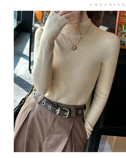 Herbst Winter Pullover Pullover Bodenbildung Shirt Frauen Gestrickte Shirts Weibliche Lange Hülse Mock Neck Elastische Dünne Pullover Stricken Tops