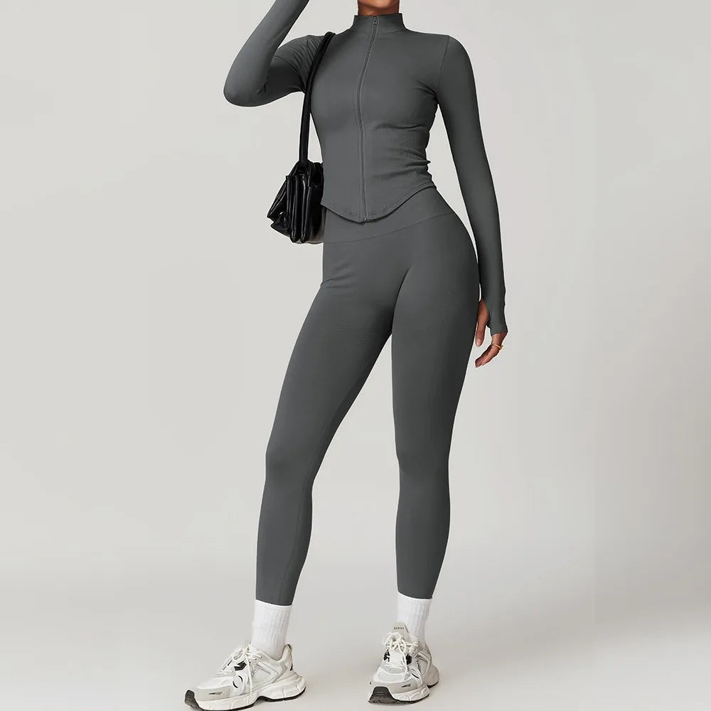 Ctenkevet Women Slim High Neck Jacket Sports Suit Female Two Piece Yoga Clothes Sport Outfit For Woman Buttock Lift Sports Suit