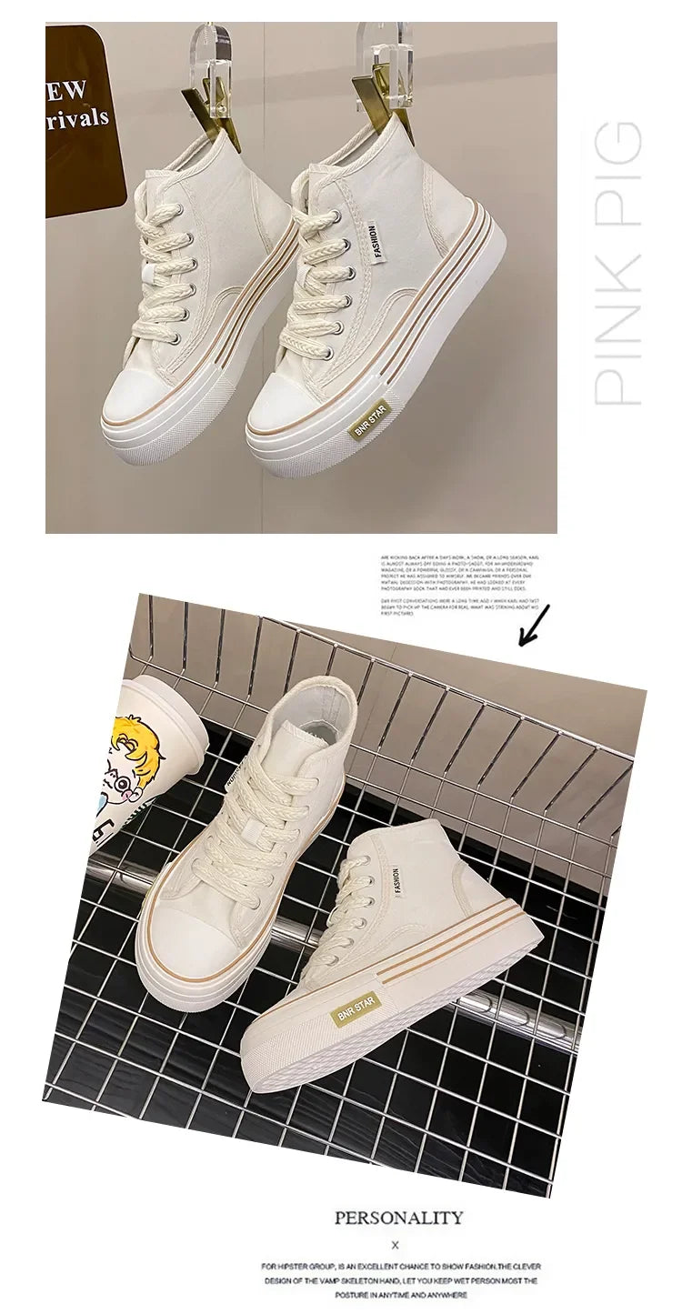 Maogu Women Autumn 2023 New Fashion Thick Platform Leisure Sports Shoe White Sneakers Breathable Casual High Top Canvas Shoes 40