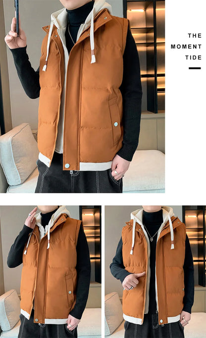 Men Windproof Hooded Vest Men Jacket Sleeveless Vest Winter Jacket Casual Coat Men Down Cotton Warm Thicken Waistcoat Thick Coat.