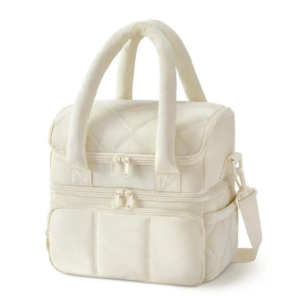 2025 New High Quality Double Deck Cooler Lunch Bag Leakproof Insulated Lunch Box Reusable Durable Puffer Tote for Work School.