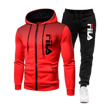 New men's casual jogging fitness fashion sports clothing set autumn and winter printed zipper hoodie + two sets of stretch pants.