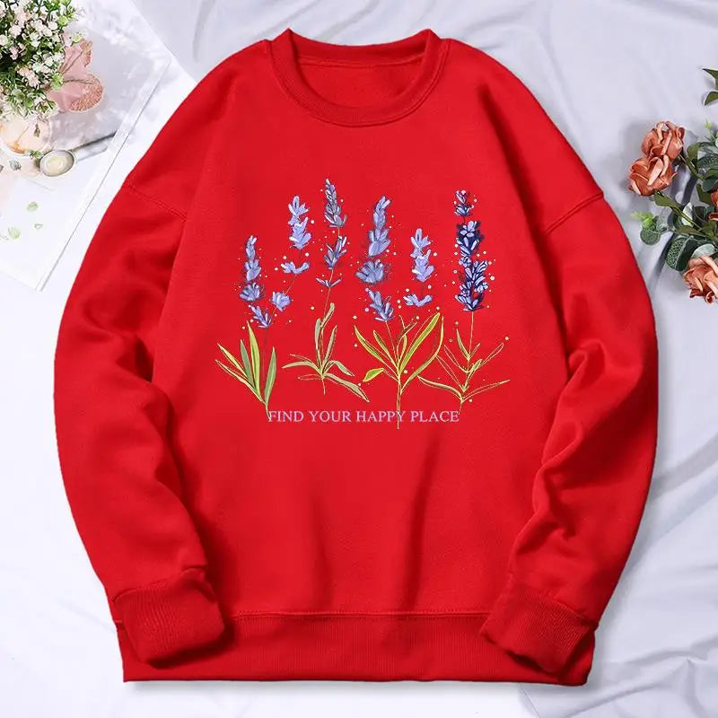Beautiful Of Lavender Printing Women Hoodie Street Fleece Hoody Crew Neck Autumn Sweatshirt Hip Hop Oversize Clothing Female.