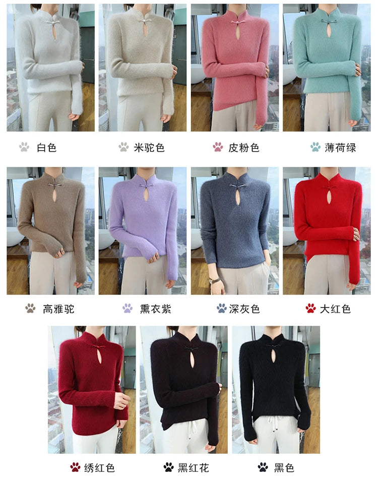 2024 autumn winter new 100% mink cashmere sweater women's pullover slim-fit long sleeve solid color stand collar bottom knitwear.