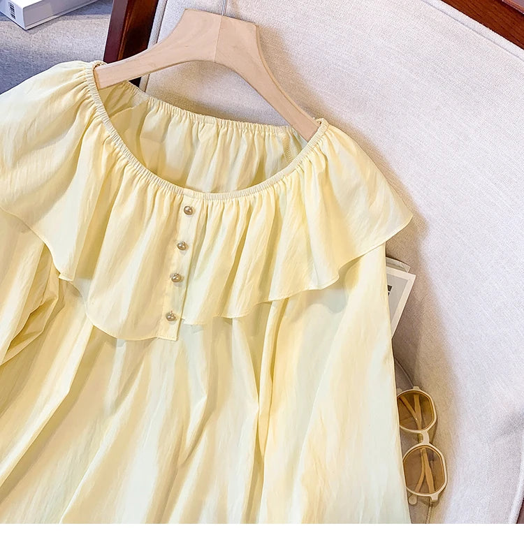 2025 French Large Size Long Sleeve O-neck Solid Color Loose Ruffle Shirt Ladies Spring Autumn Plus Size Blouses for Women.