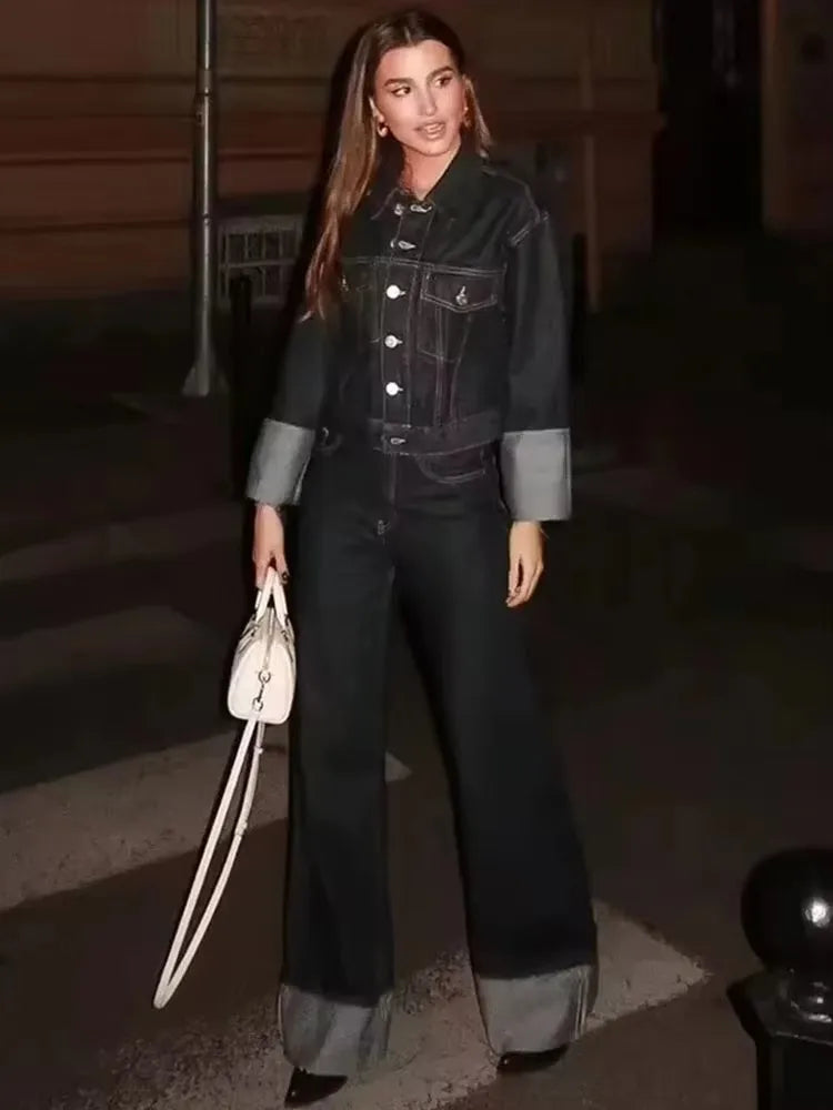 HH Women Vintage Denim Jacket Pant Sets Single Breasted Lapel Long Sleeve Coat Wide Leg Trousers Jeans High Street Outfits.