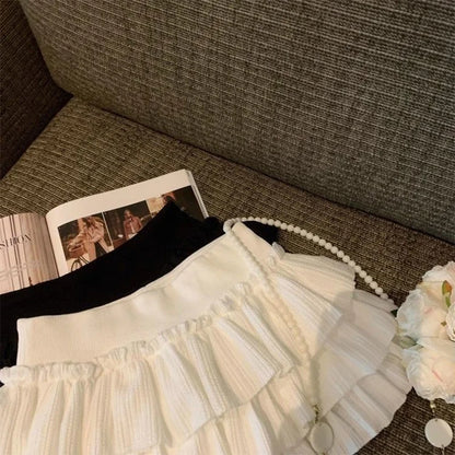 Sweet Puffy Cake Women Skirts Korean Fashion Ruched Ruffle Mini Skirt Campus Harajuku Casual Versatile Elastic Waist Solid Skirt.