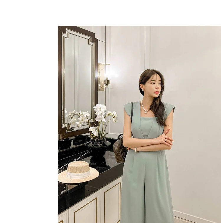H Han Queen Summer Elegant Business Jumpsuits Women Simple Wide Leg Long Playsuits Korean Sleeveless Casual Rompers Office Lady