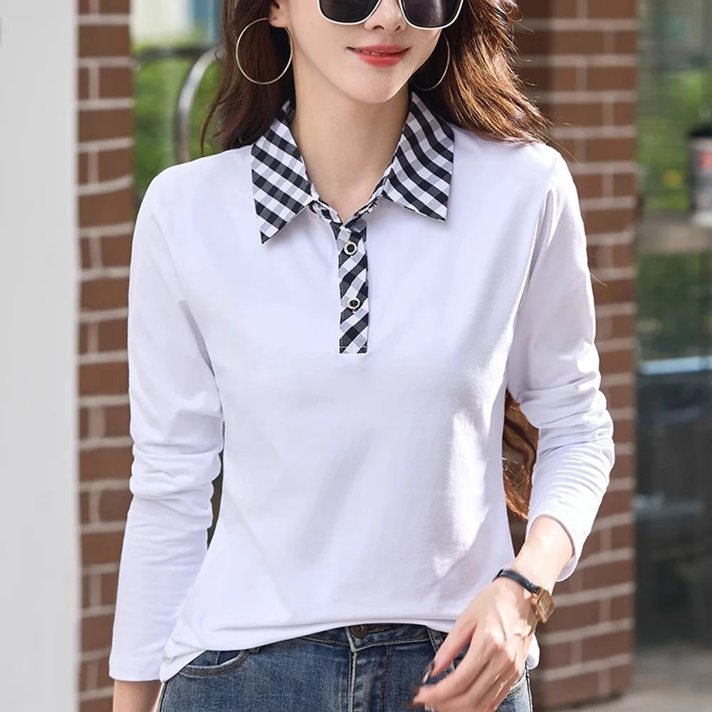 European station lapel long sleeved t-shirt women's new high-end fashion light luxury casual plus size spring and autumn top.