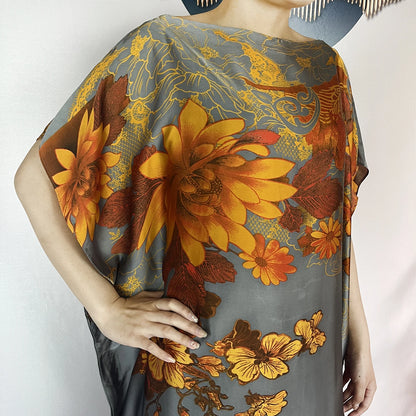 2024 New Dubai Summer Fashion For Women Printed Silk Soft Loose Femme Robe African Islam Maxi Woman Casual Dresses With Turban