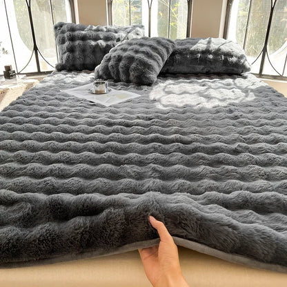 Fluffy Plush Fitted Bed Sheet Solid Color Long Hair Fleece Bed Cover For Double Bed fundas de colchón Winter Warm Mattress Cover.