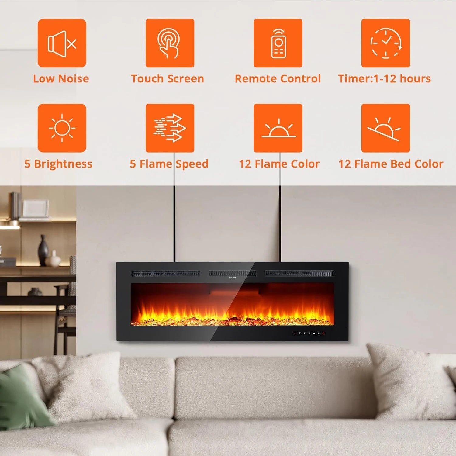 40/50/60inch Wall-Mounted Electric Fireplace, 220V 1500W, Two Levels Of Heating, 3D 12LED Color Modes and Realistic Flame Effect.