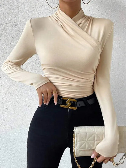 Women's Clothing Autumn Winter Tshirts New Design Cross Neckline Versatile Pleated T-shirt Comfortable Fashion Slim Fit Sexy Top.