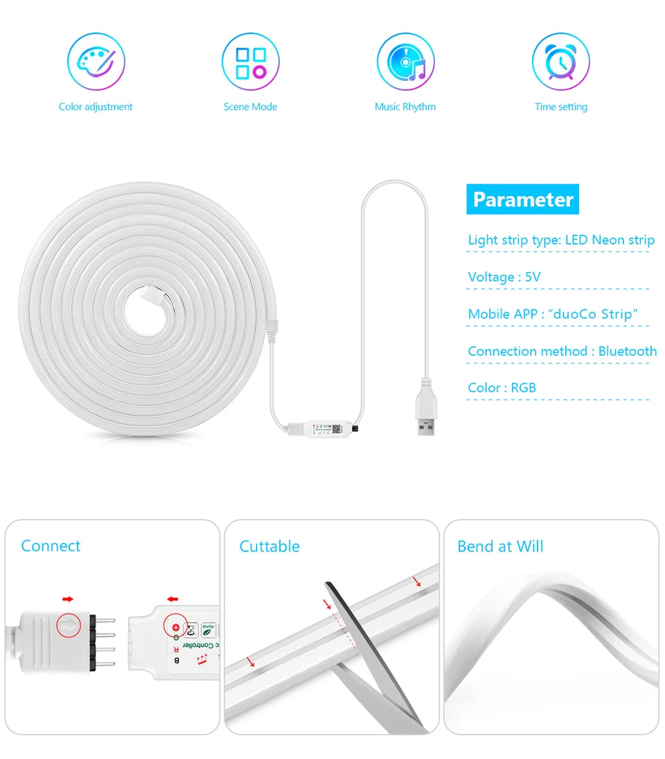 1M 2M 3M 5M RGB Neon LED Strip Light Bluetooth/IR Remote Control 5V Smart USB Silica Gel Tube LED Neon Light Room Decor Lamp.