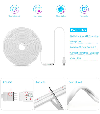 1M 2M 3M 5M RGB Neon LED Strip Light Bluetooth/IR Remote Control 5V Smart USB Silica Gel Tube LED Neon Light Room Decor Lamp.