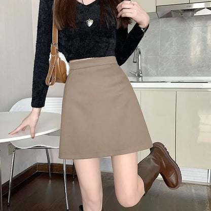 Autumn Winter Womens Woolen Skirt 2024 New Korean Style High Waist Bodycon Mini Skirts Ladies College Style Zipper A-Line Skirt.