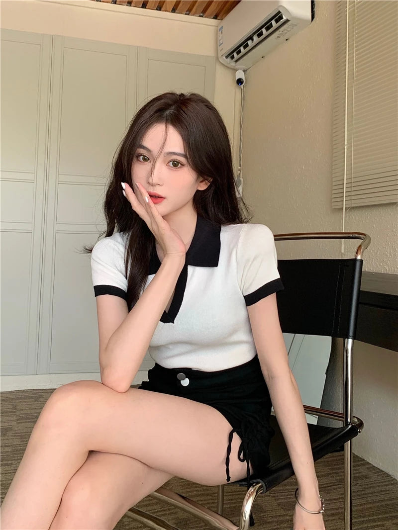 Jielur Spell Color Polo Knitting Women's Blouses Slim Sexy Short Sleeve Summer New Casual Female Blouse Chic Simple Office Lady.